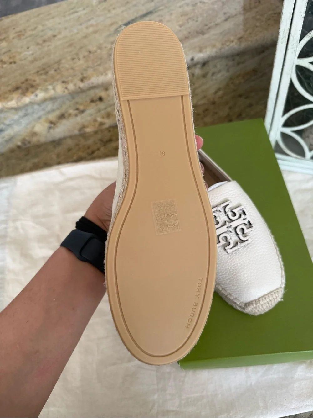 New Tory Burch CUT-OUT LOGO LEATHER ESPADRILLE PEBBLE BEACH